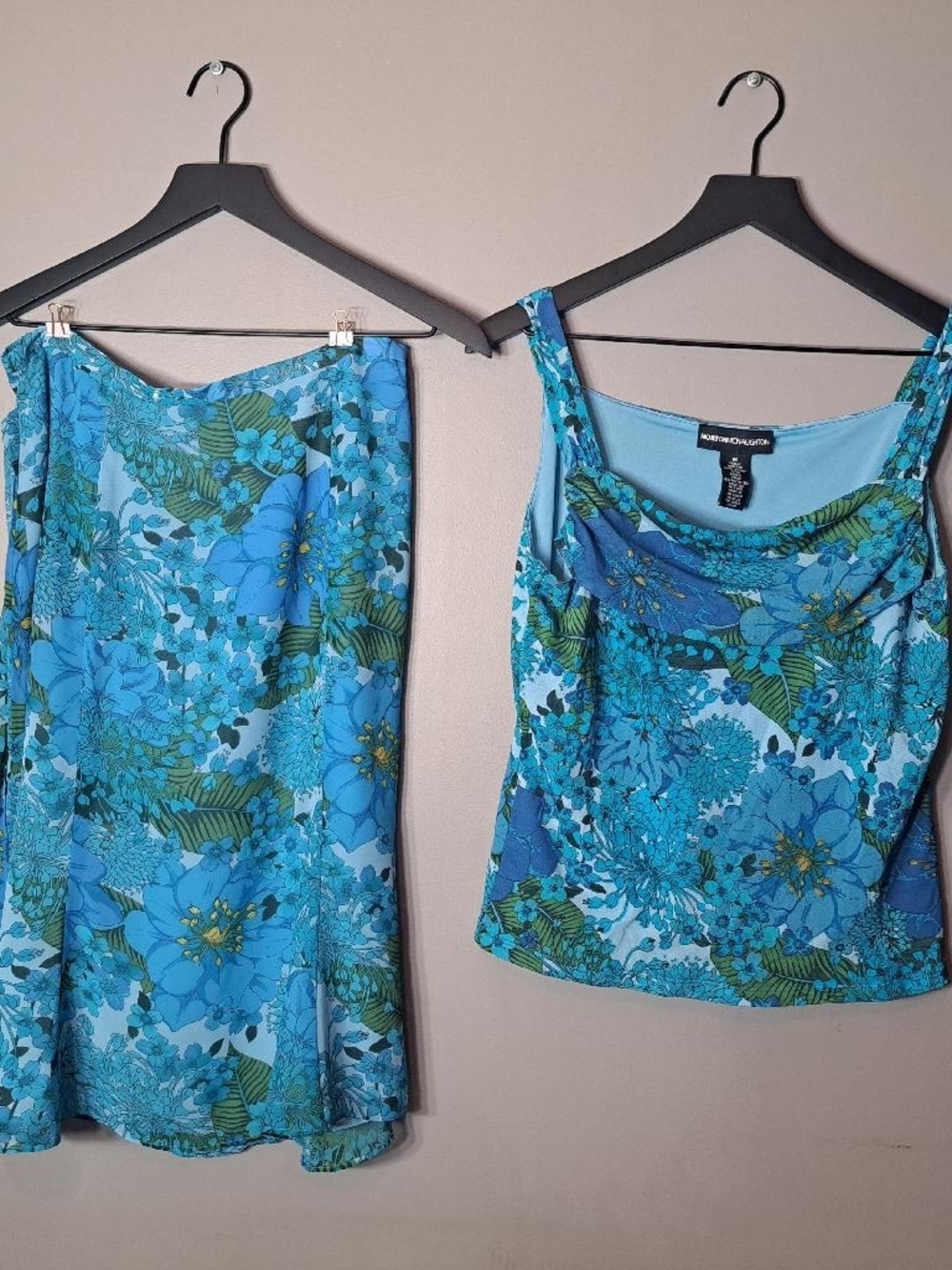 Norton McNaughton Blue Floral Skirt Set 90's Skirt And Blouse Flowy